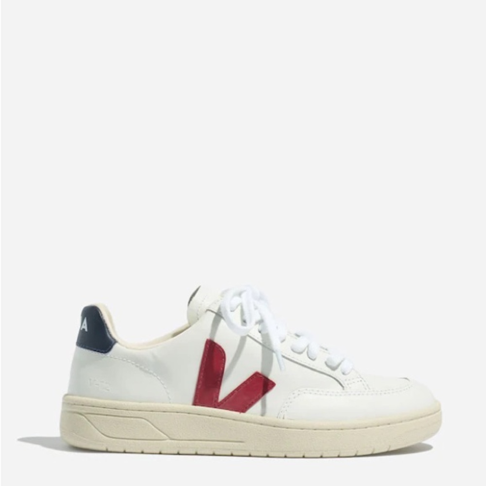 Veja white leather sneaker with red V and navy heel